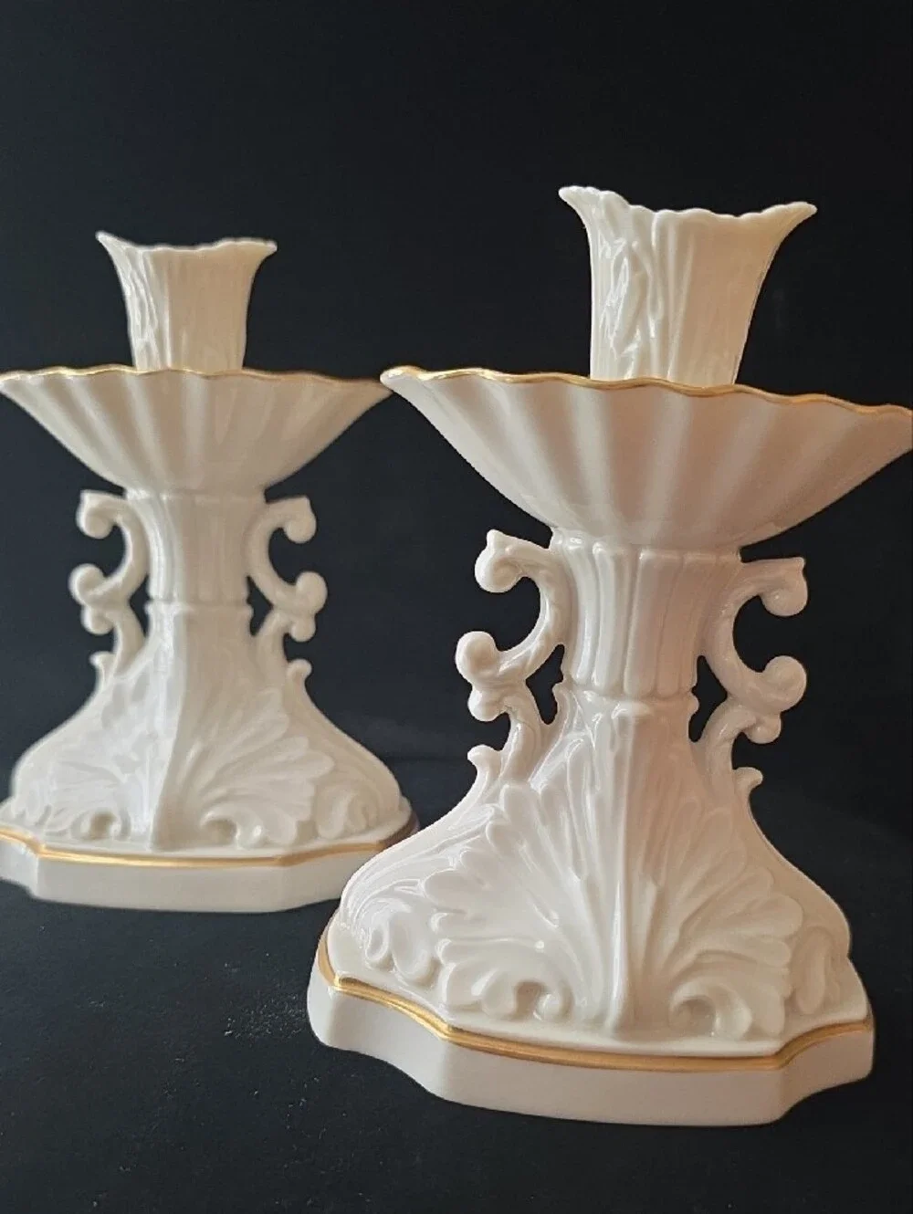 Lenox Cream Porcelain Candlestick Pair with Gold Accent